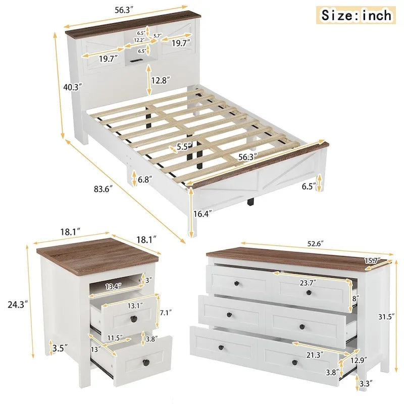 Ensemble de chambre à coucher comprenant un lit plateforme double avec station de recharge, une table de chevet et une commode (ensemble de 3 pièces)