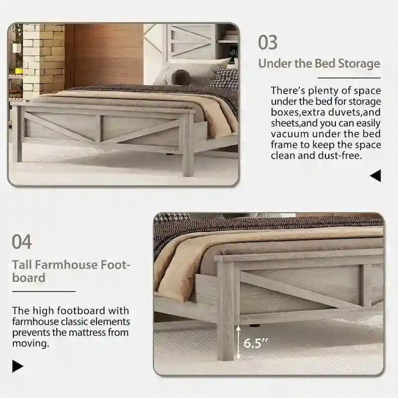 Ensemble de chambre à coucher comprenant un lit plateforme double avec station de recharge, une table de chevet et une commode (ensemble de 3 pièces)