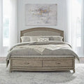 Avalon Burnished Beige Oak Upholstered Storage Bed with Dresser, Mirror, Chest Bedroom Set - King, Queen