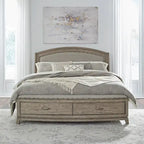 Avalon Burnished Beige Oak Upholstered Storage Bed with Dresser, Mirror, Chest Bedroom Set - King, Queen