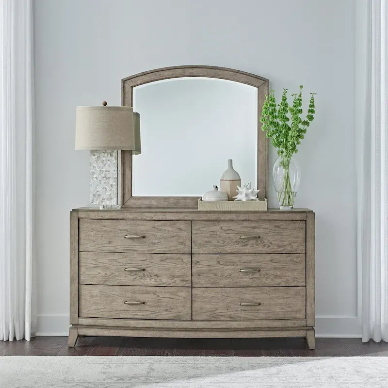 Ensemble de chambre à coucher Avalon en chêne beige bruni avec lit de rangement capitonné, commode, miroir et coffre - King, Queen