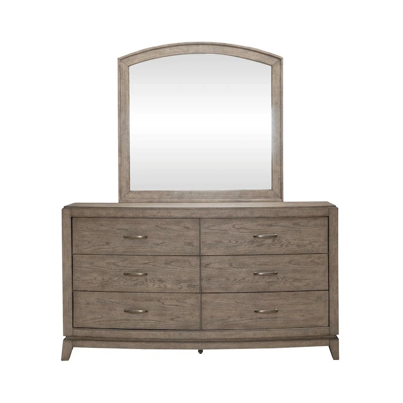 Ensemble de chambre à coucher Avalon en chêne beige bruni avec lit de rangement capitonné, commode, miroir et coffre - King, Queen