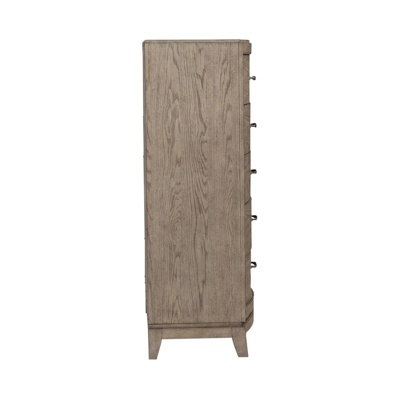 Ensemble de chambre à coucher Avalon en chêne beige bruni avec lit de rangement capitonné, commode, miroir et coffre - King, Queen