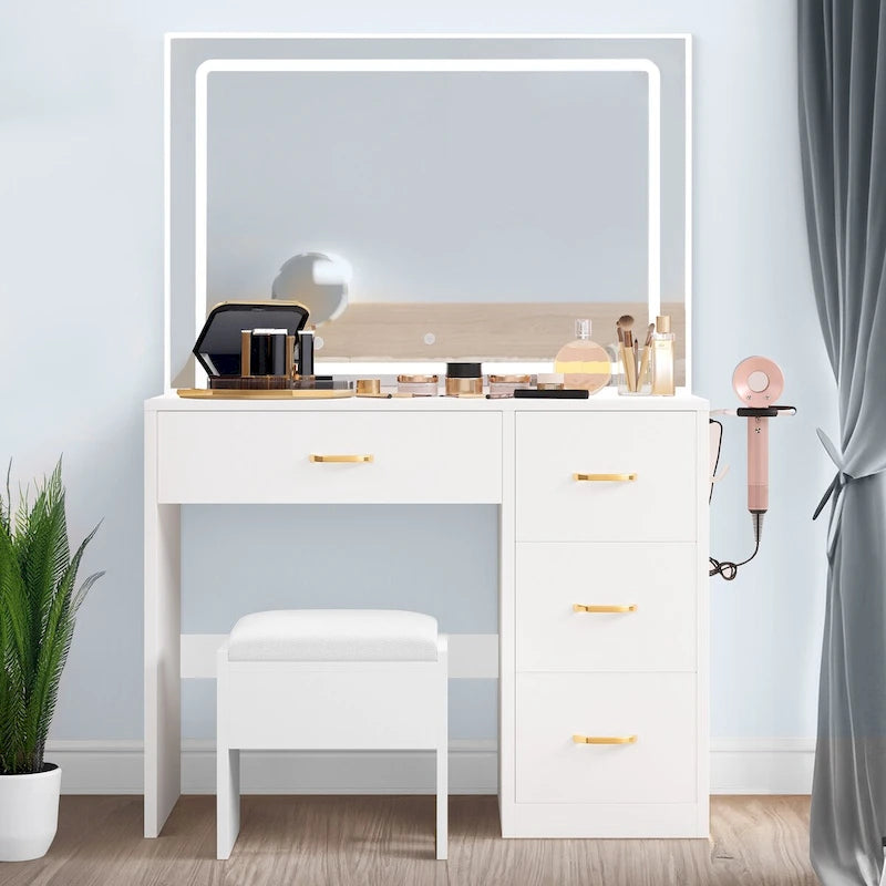 Ensemble coiffeuse Moasis avec éclairage LED, bureau de maquillage et 4 tiroirs - 90 cm (L) x 40 cm (l) x 136 cm (H)