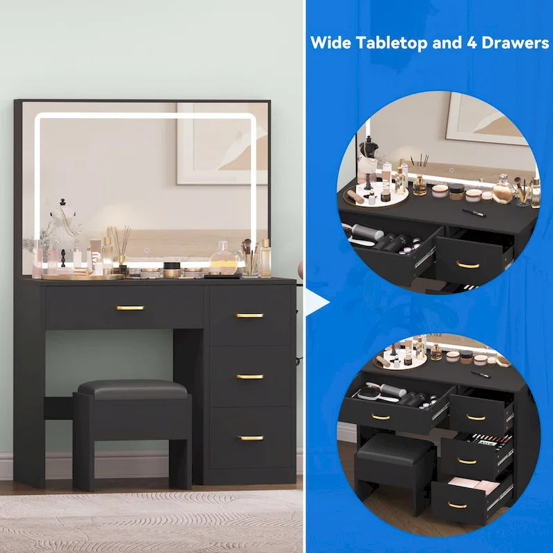 Moasis Vanity Set with Led Lights Makeup Desk Dressing Dresser Desk Table with 4 Drawer - 35.43L x 15.74W x 53.54H
