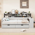 Wooden Multi-functional Daybed with Storage Shelves, 2 Storage Drawers and Study Desk