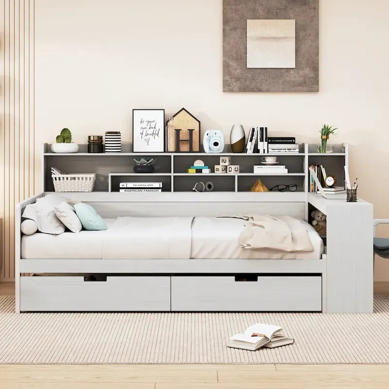 Wooden Multi-functional Daybed with Storage Shelves, 2 Storage Drawers and Study Desk