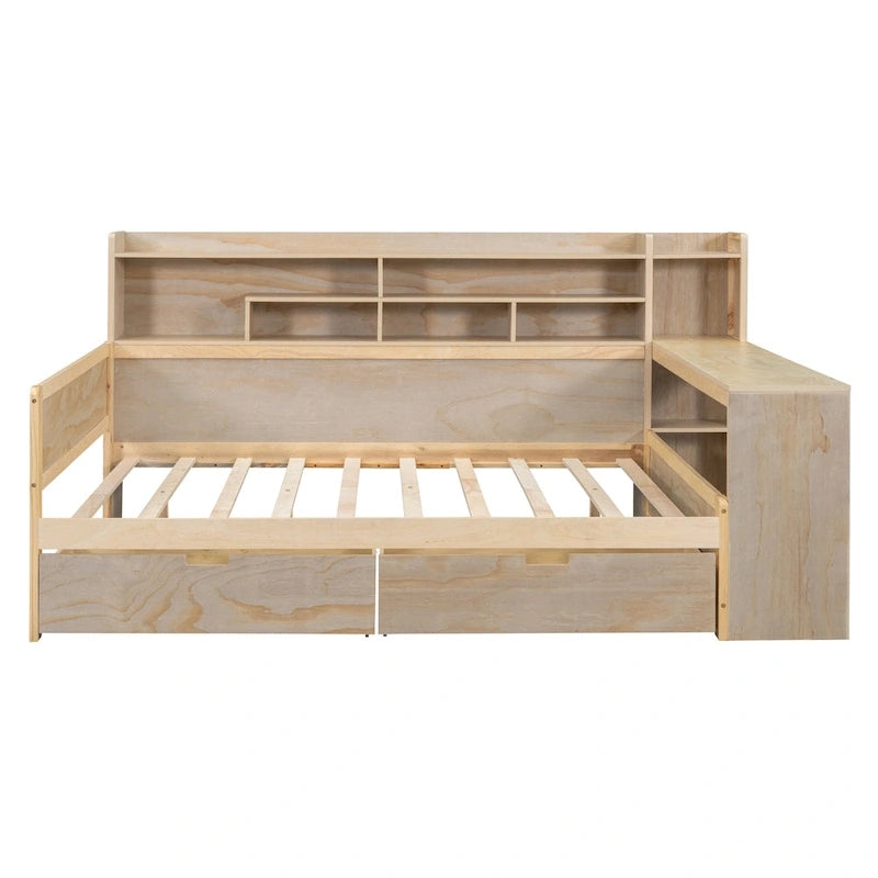 Lit de jour multifonctionnel en bois avec étagères de rangement, 2 tiroirs de rangement et bureau