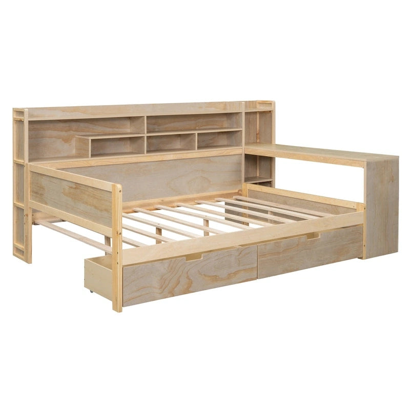 Lit de jour multifonctionnel en bois avec étagères de rangement, 2 tiroirs de rangement et bureau
