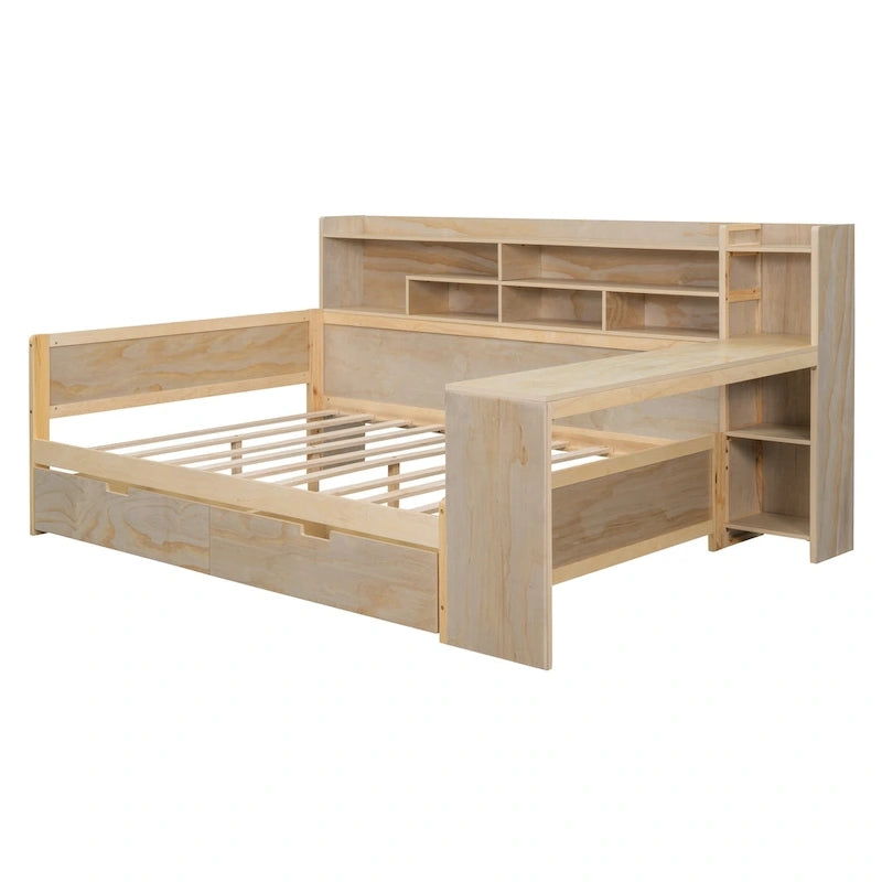 Lit de jour multifonctionnel en bois avec étagères de rangement, 2 tiroirs de rangement et bureau
