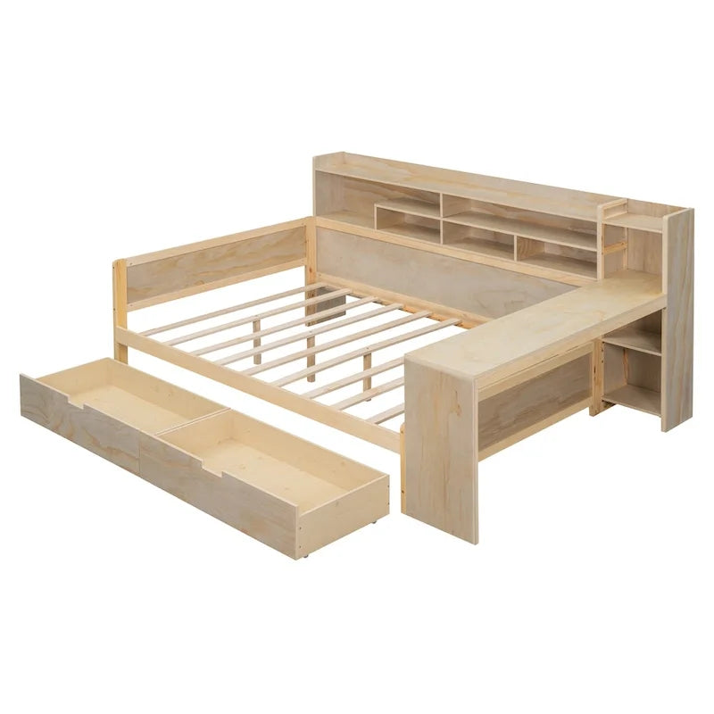Lit de jour multifonctionnel en bois avec étagères de rangement, 2 tiroirs de rangement et bureau