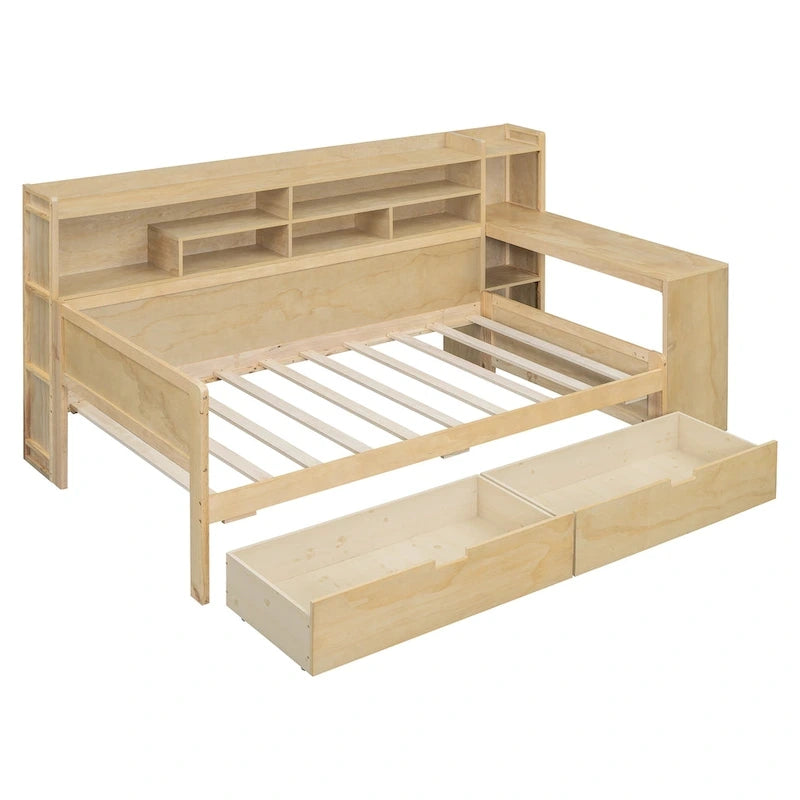 Lit de jour multifonctionnel en bois avec étagères de rangement, 2 tiroirs de rangement et bureau