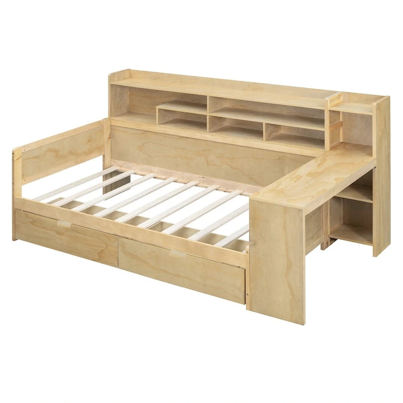 Lit de jour multifonctionnel en bois avec étagères de rangement, 2 tiroirs de rangement et bureau