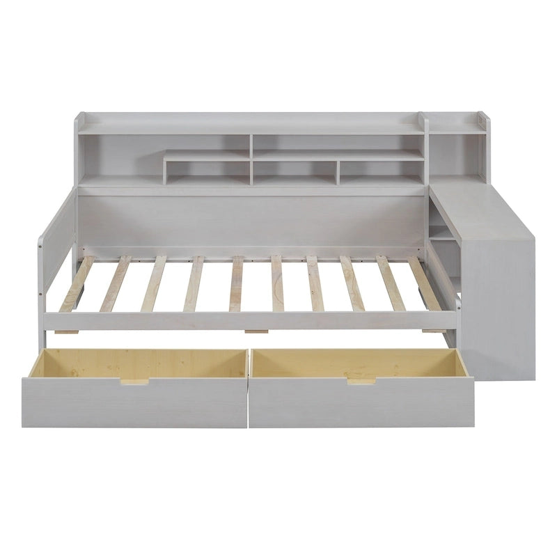 Lit de jour multifonctionnel en bois avec étagères de rangement, 2 tiroirs de rangement et bureau