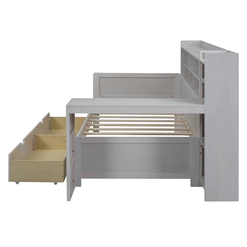 Lit de jour multifonctionnel en bois avec étagères de rangement, 2 tiroirs de rangement et bureau