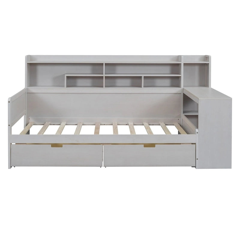 Lit de jour multifonctionnel en bois avec étagères de rangement, 2 tiroirs de rangement et bureau