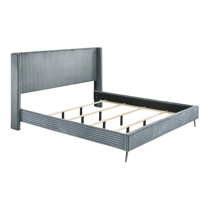 Lit rembourré en velours côtelé à larges côtes Mavela de Roundhill Furniture avec 2 tables de chevet, bleu