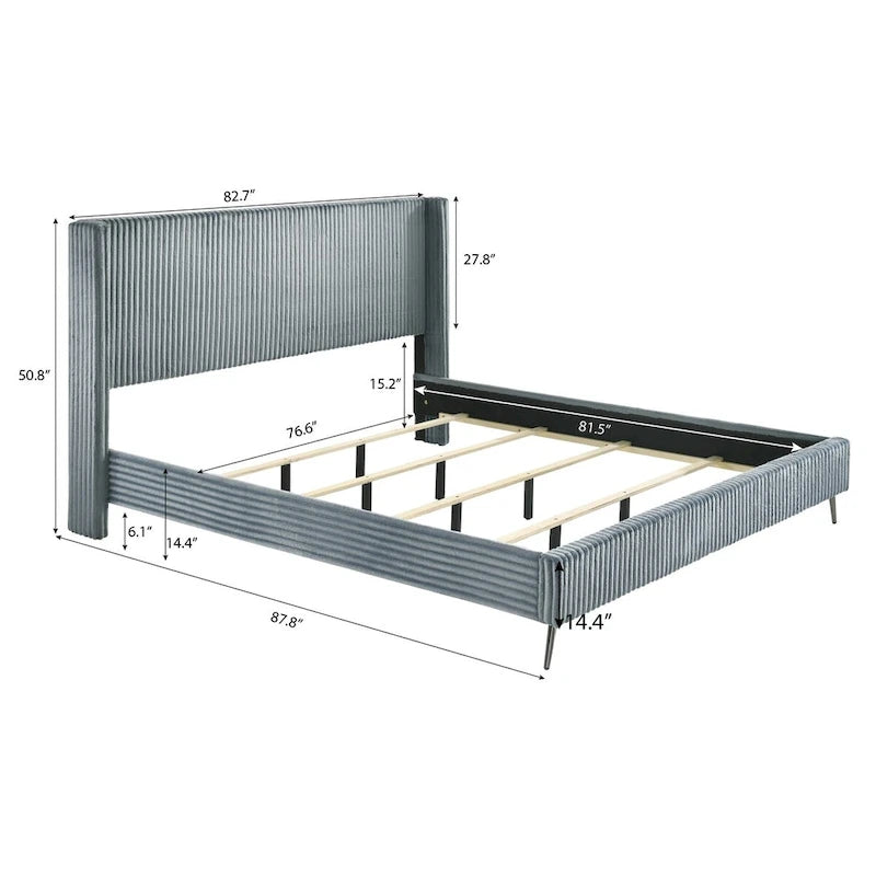 Lit rembourré en velours côtelé à larges côtes Mavela de Roundhill Furniture avec 2 tables de chevet, bleu