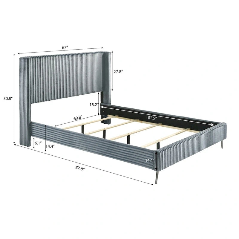 Lit rembourré en velours côtelé à larges côtes Mavela de Roundhill Furniture avec 2 tables de chevet, bleu