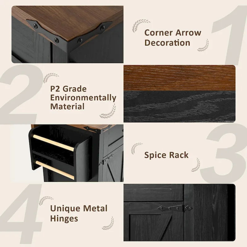 Îlot de cuisine roulant de style campagnard de 53,5 po de largeur avec abattant et prise électrique