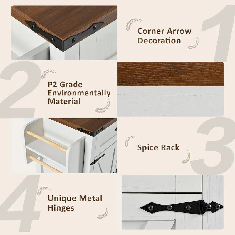 Îlot de cuisine roulant de style campagnard de 53,5 po de largeur avec abattant et prise électrique