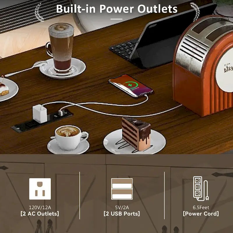 Îlot de cuisine roulant de style campagnard de 53,5 po de largeur avec abattant et prise électrique