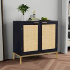 Buffet/meuble d'appoint Anmytek style moderne milieu du siècle en bois et rotin noir avec 2 portes