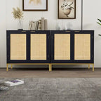Buffet/meuble d'appoint Anmytek style moderne milieu du siècle en bois et rotin noir avec 2 portes