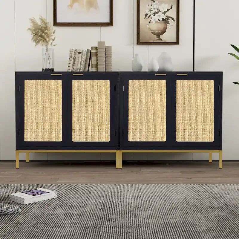 Buffet/meuble d'appoint Anmytek style moderne milieu du siècle en bois et rotin noir avec 2 portes