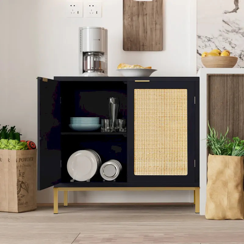 Buffet/meuble d'appoint Anmytek style moderne milieu du siècle en bois et rotin noir avec 2 portes