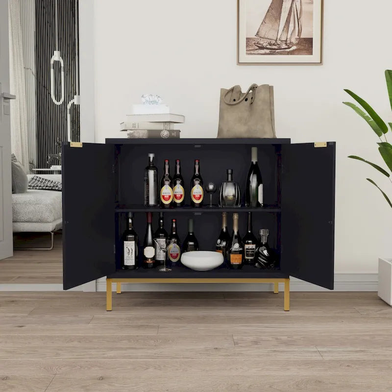 Buffet/meuble d'appoint Anmytek style moderne milieu du siècle en bois et rotin noir avec 2 portes