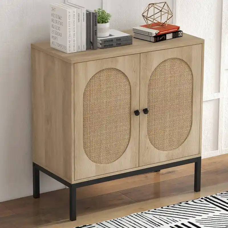Armoire de rangement en rotin beige avec portes et étagères - Non disponible