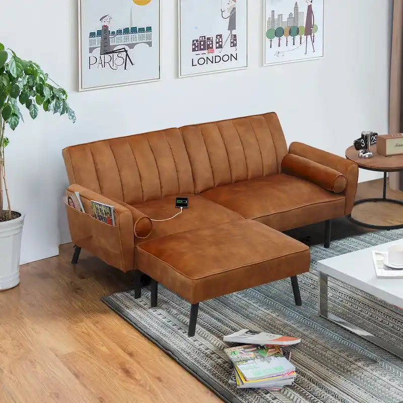 Canapé d'angle en velours en forme de L, convertible en futon avec dossier inclinable séparé pour les petits espaces - 2 personnes