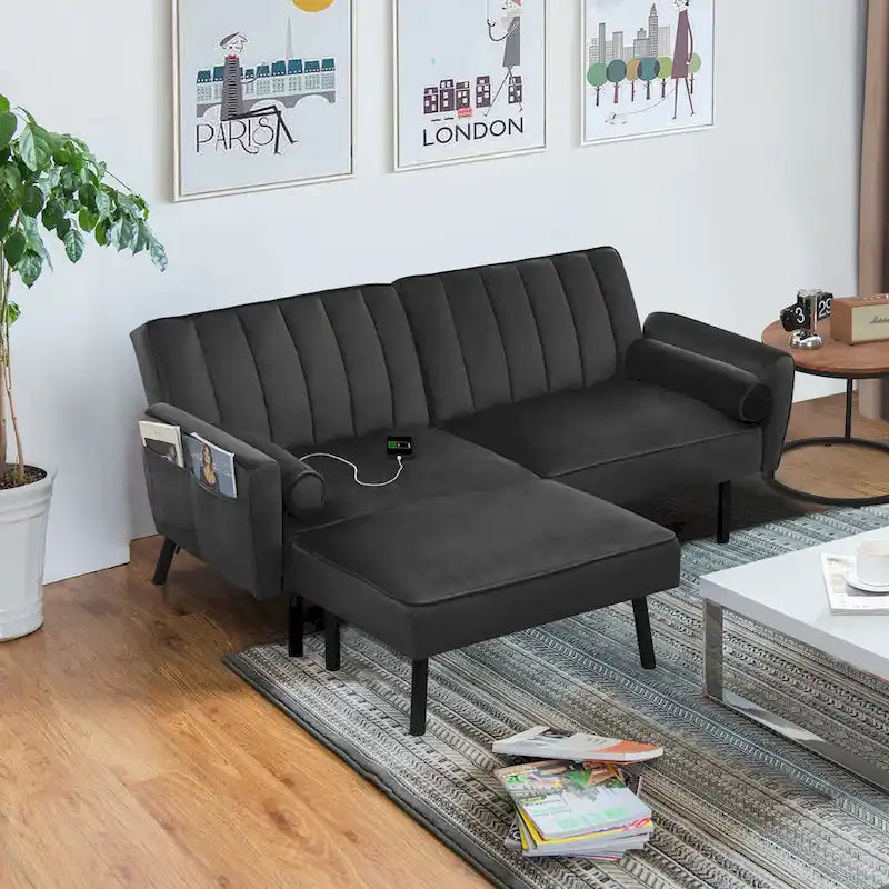 Canapé d'angle en velours en forme de L, convertible en futon avec dossier inclinable séparé pour les petits espaces - 2 personnes