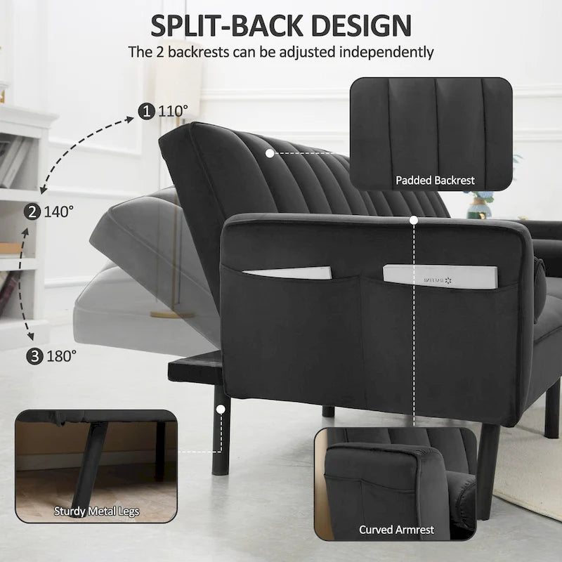 Canapé d'angle en velours en forme de L, convertible en futon avec dossier inclinable séparé pour les petits espaces - 2 personnes