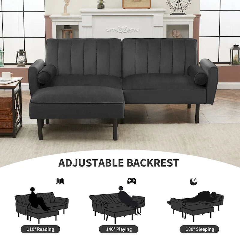 Canapé d'angle en velours en forme de L, convertible en futon avec dossier inclinable séparé pour les petits espaces - 2 personnes