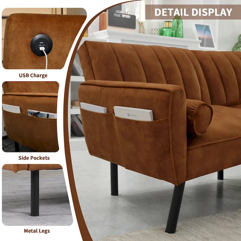 Canapé d'angle en velours en forme de L, convertible en futon avec dossier inclinable séparé pour les petits espaces - 2 personnes