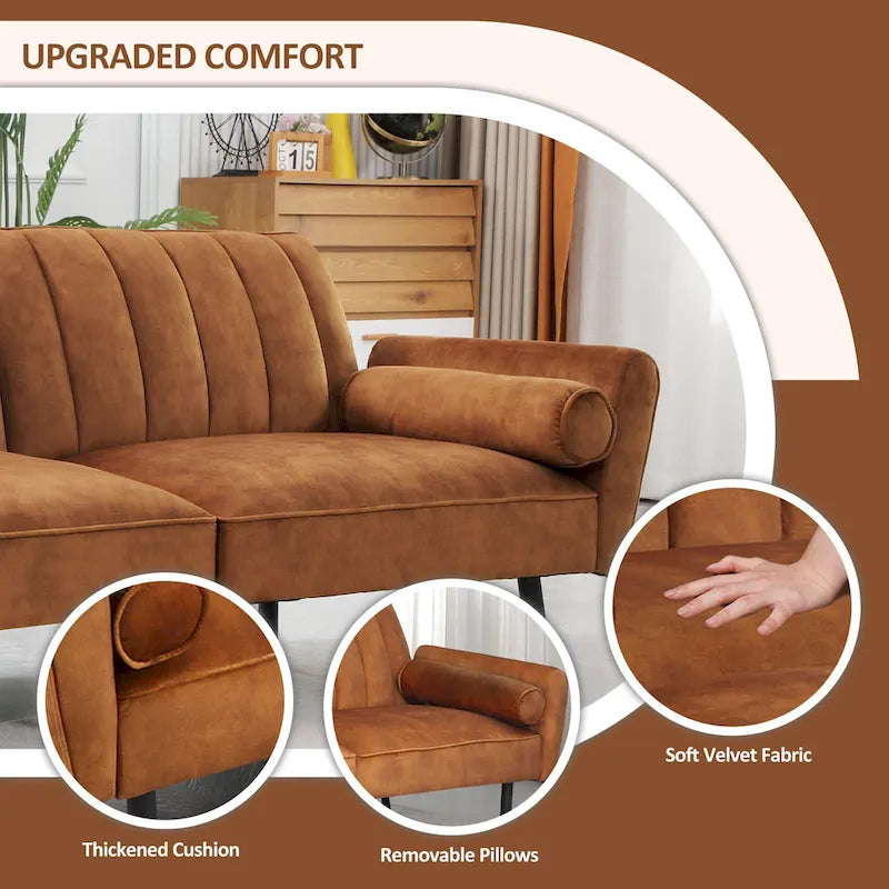 Canapé d'angle en velours en forme de L, convertible en futon avec dossier inclinable séparé pour les petits espaces - 2 personnes