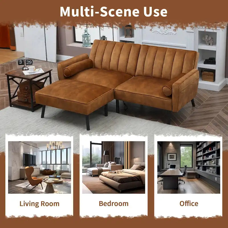 Canapé d'angle en velours en forme de L, convertible en futon avec dossier inclinable séparé pour les petits espaces - 2 personnes