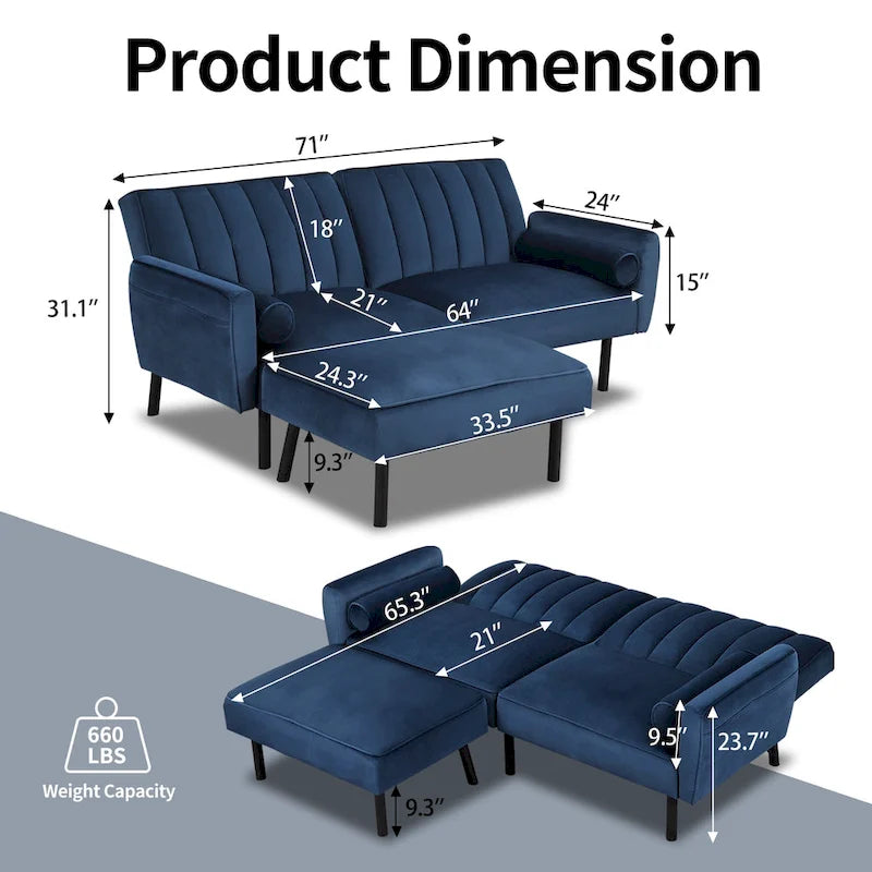 Canapé d'angle en velours en forme de L, convertible en futon avec dossier inclinable séparé pour les petits espaces - 2 personnes