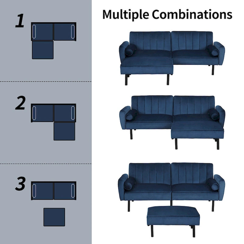 Canapé d'angle en velours en forme de L, convertible en futon avec dossier inclinable séparé pour les petits espaces - 2 personnes