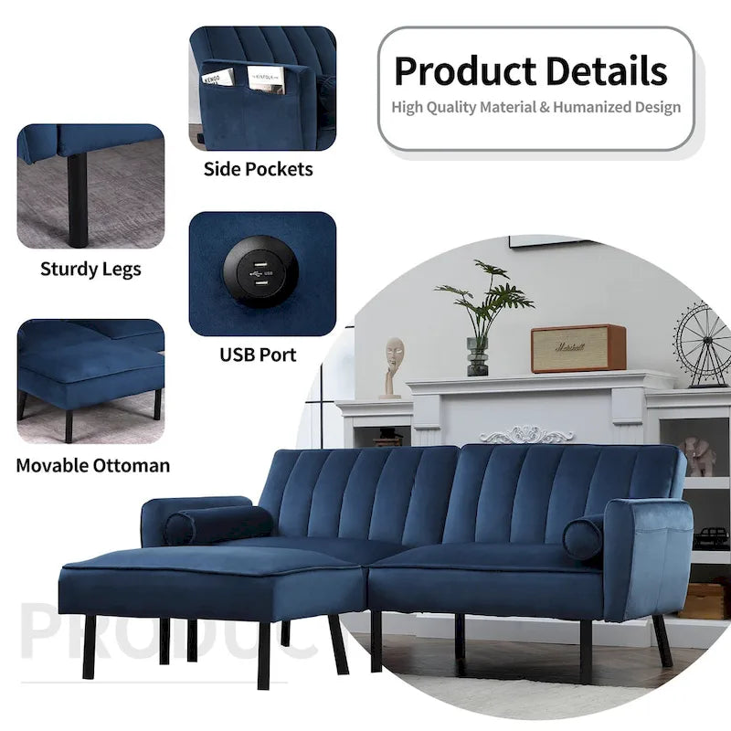 Canapé d'angle en velours en forme de L, convertible en futon avec dossier inclinable séparé pour les petits espaces - 2 personnes