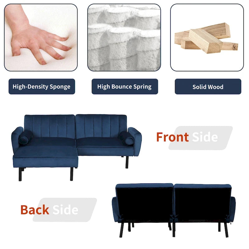 Canapé d'angle en velours en forme de L, convertible en futon avec dossier inclinable séparé pour les petits espaces - 2 personnes