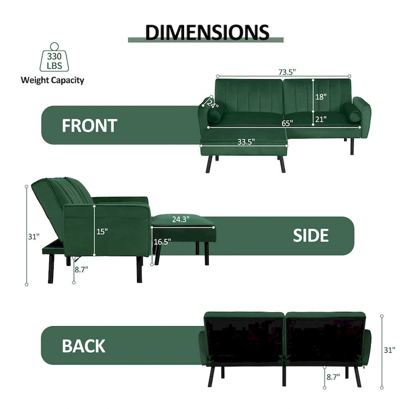 Canapé d'angle en velours en forme de L, convertible en futon avec dossier inclinable séparé pour les petits espaces - 2 personnes