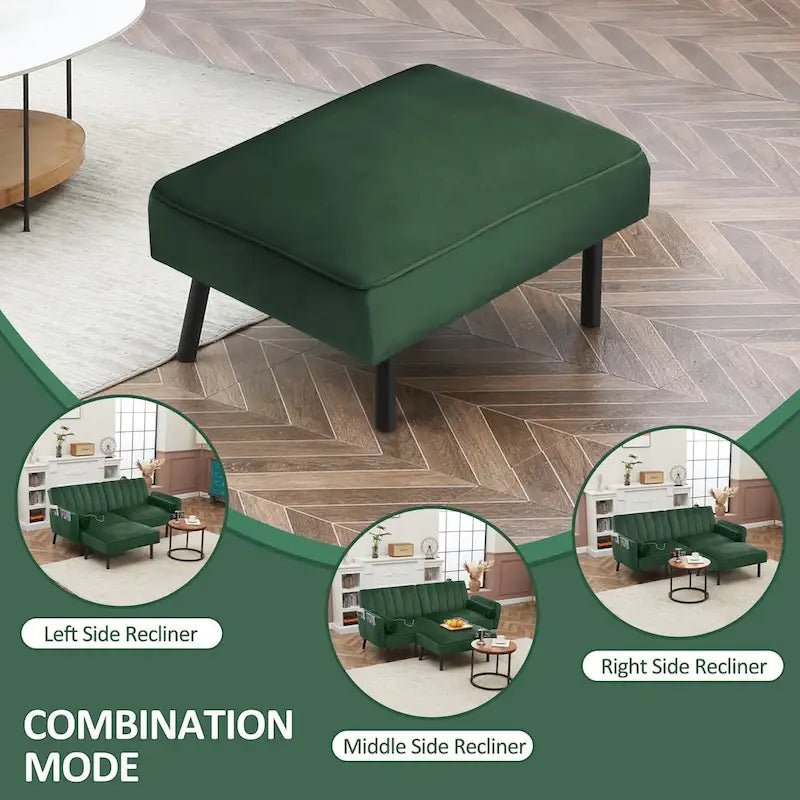 Canapé d'angle en velours en forme de L, convertible en futon avec dossier inclinable séparé pour les petits espaces - 2 personnes