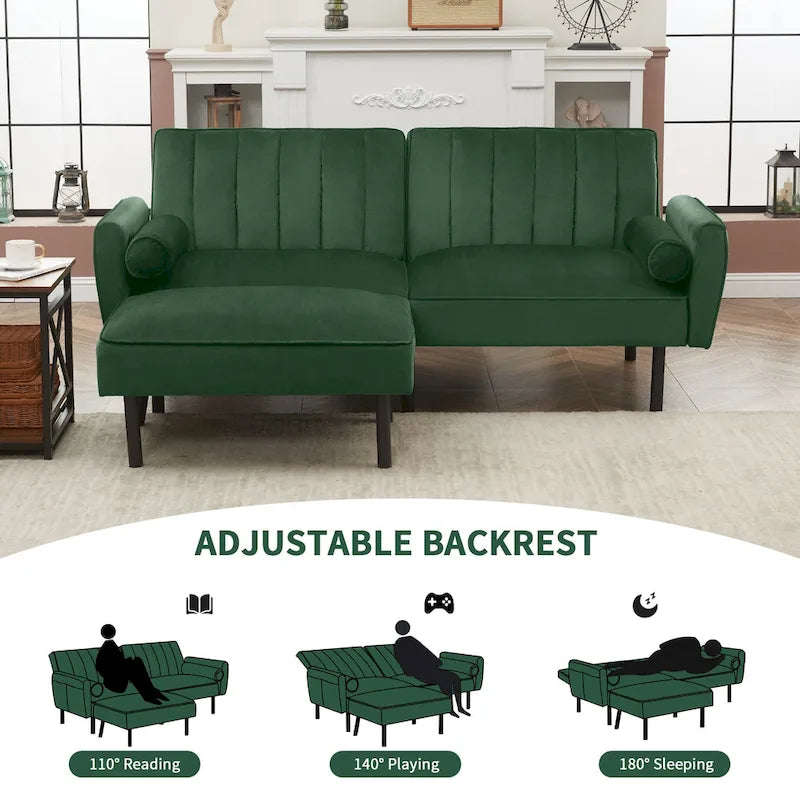 Canapé d'angle en velours en forme de L, convertible en futon avec dossier inclinable séparé pour les petits espaces - 2 personnes