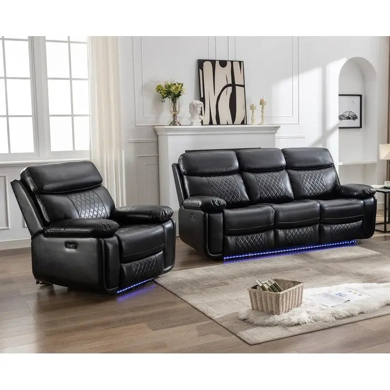 Canapé inclinable électrique avec chargeur sans fil, lampe de lecture, éclairage LED pour salon, revêtement en similicuir, port secteur/USB, porte-gobelet, noir