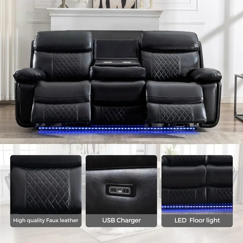 Canapé inclinable électrique avec chargeur sans fil, lampe de lecture, éclairage LED pour salon, revêtement en similicuir, port secteur/USB, porte-gobelet, noir