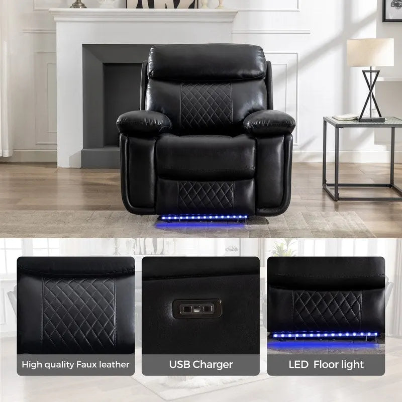 Canapé inclinable électrique avec chargeur sans fil, lampe de lecture, éclairage LED pour salon, revêtement en similicuir, port secteur/USB, porte-gobelet, noir