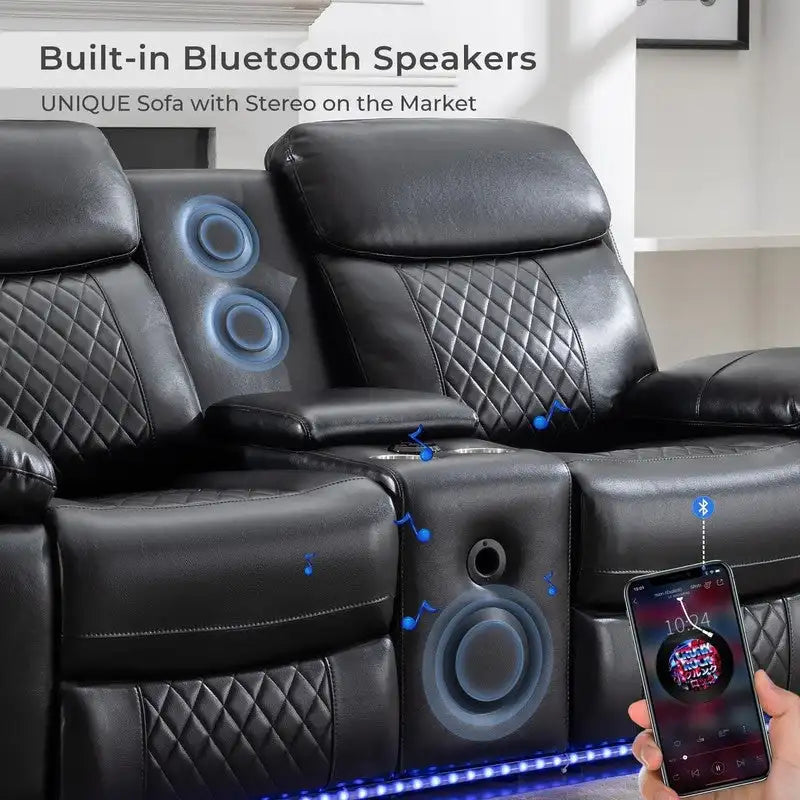 Canapé inclinable électrique avec chargeur sans fil, lampe de lecture, éclairage LED pour salon, revêtement en similicuir, port secteur/USB, porte-gobelet, noir